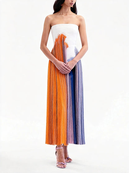 Strapless Gradient Print Fringe Midi Dress