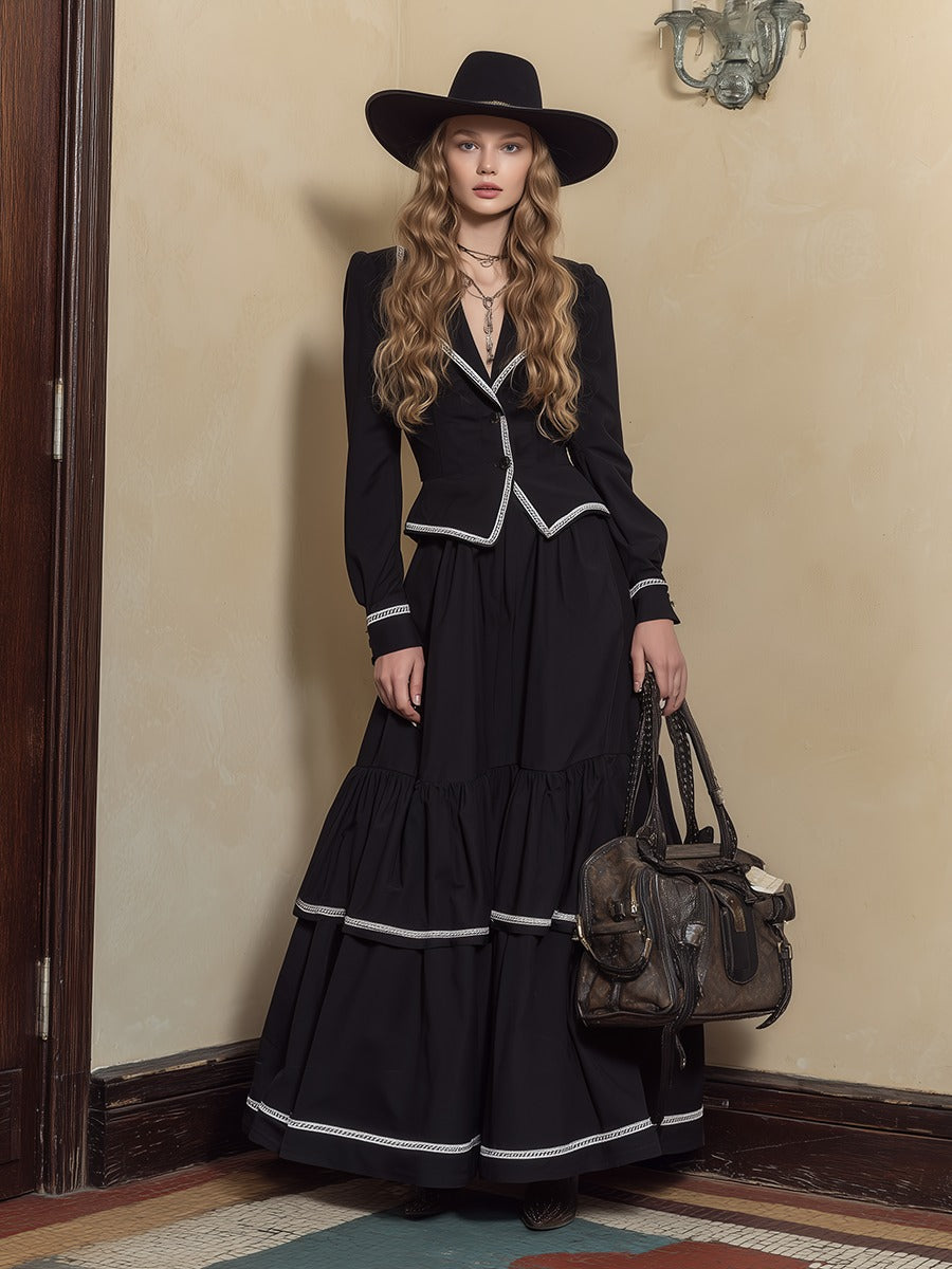 Retro Bohemian White Ribbon Short Jacket And Ruffled Skirt Set