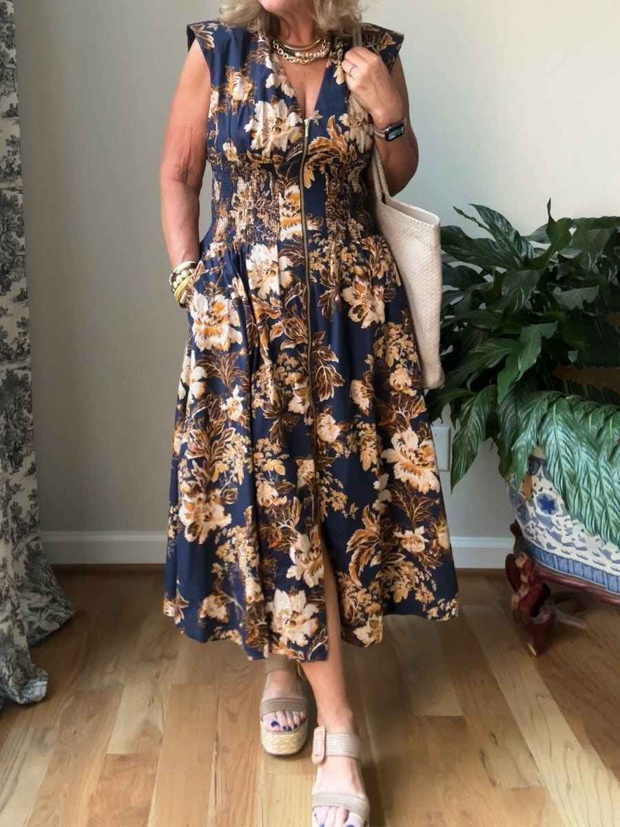 Printed V Neck Zip-Front Midi Dress - WOOLX