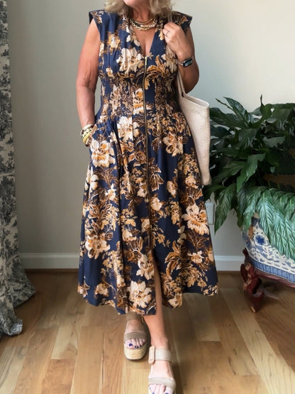 Printed V Neck Zip-Front Midi Dress - WOOLX