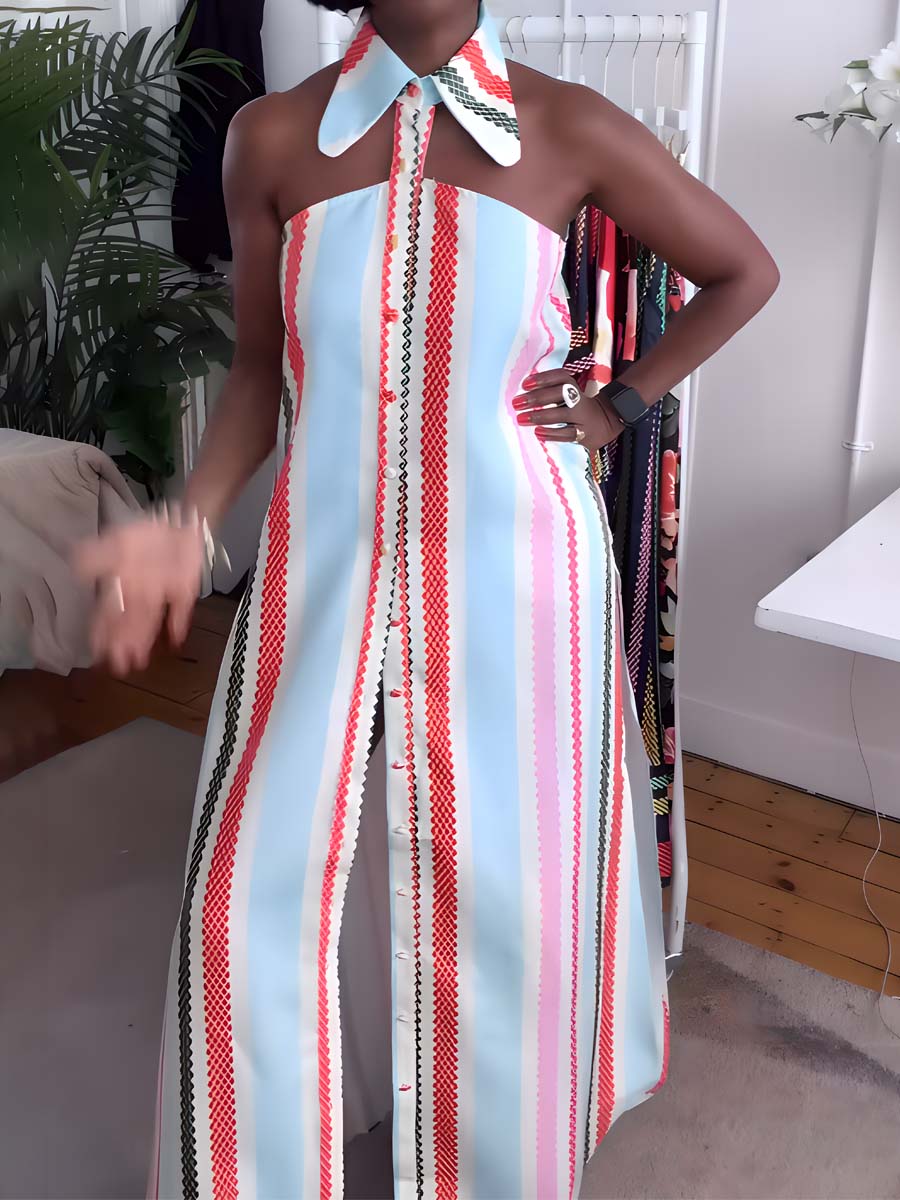 Striped Print Cold Shoulder Dress - WOOLX