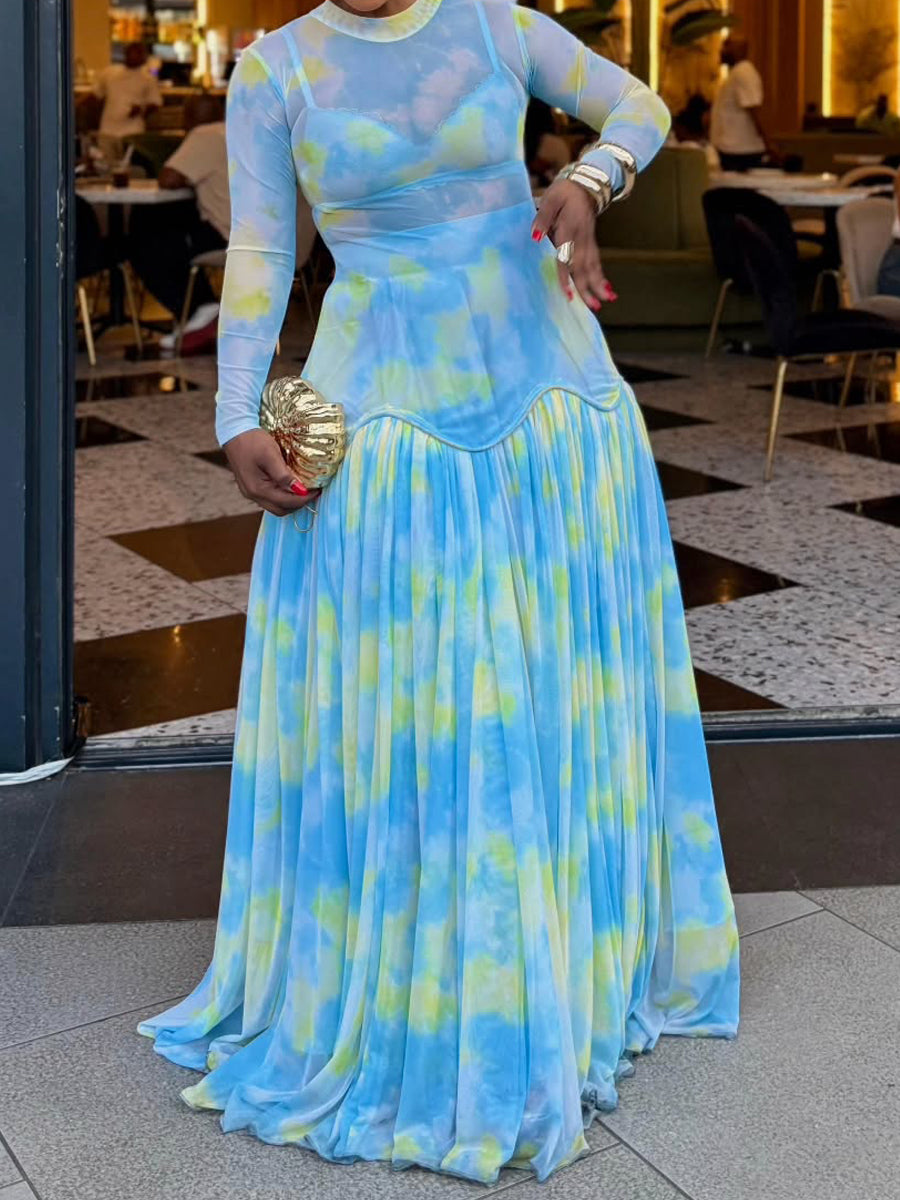 See-through Printed Patchwork Maxi Dress - WOOLX