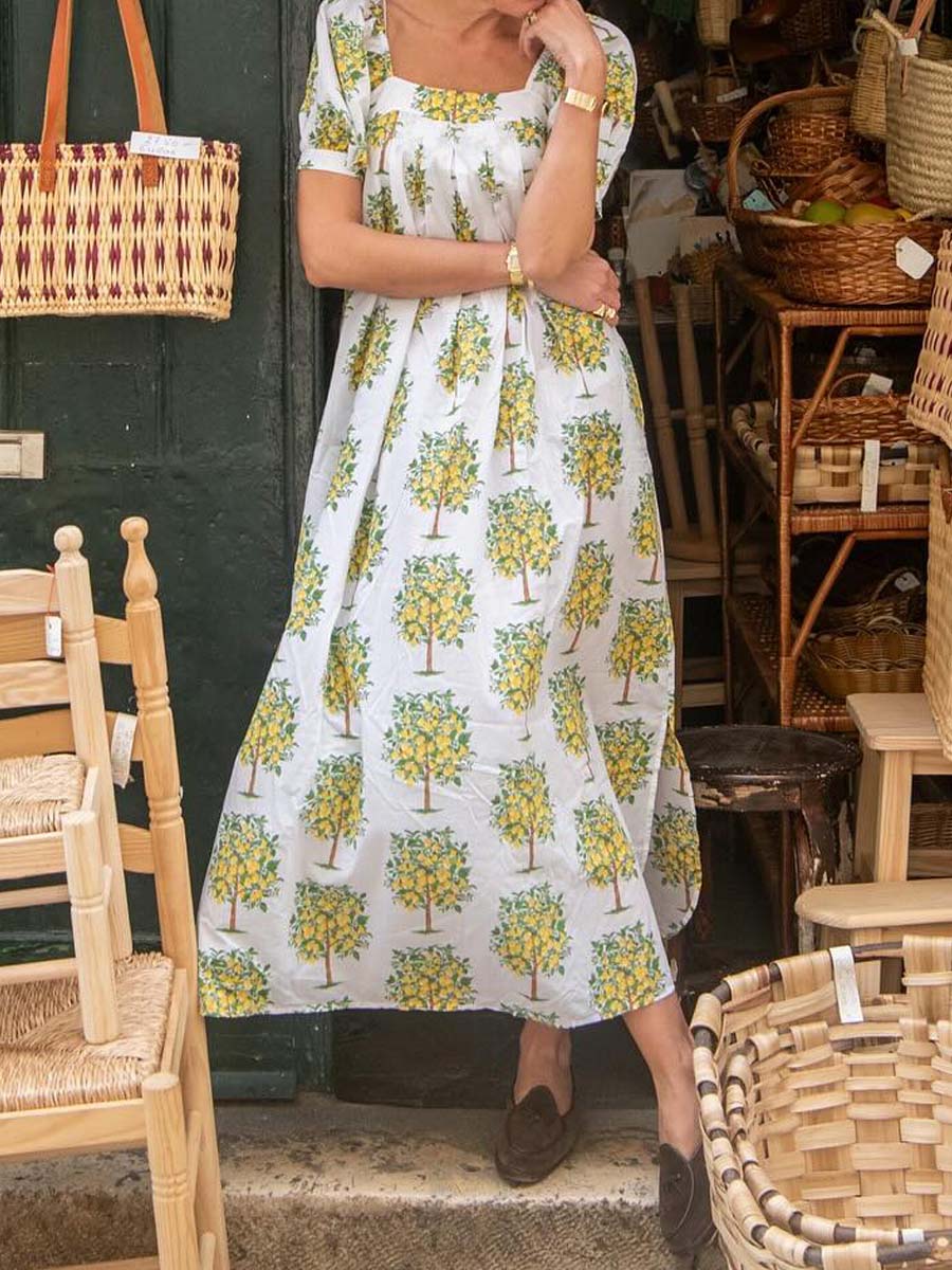 Floral Print Square Collar Loose Dress - WOOLX