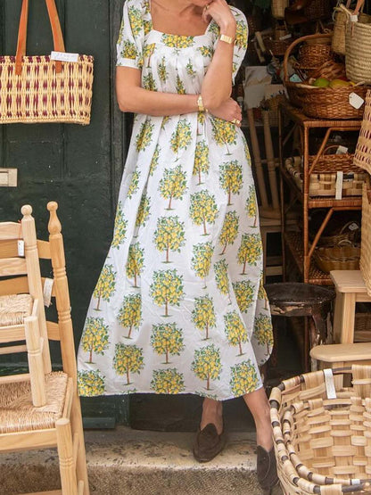 Floral Print Square Collar Loose Dress - WOOLX