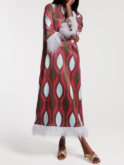 Geometric Print Faux-feather Cuff Maxi Dress - WOOLX