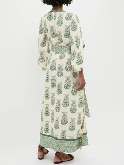 Printed V Neck Balloon Sleeves Dress - WOOLX