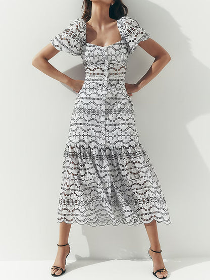 Eyelet Puff Sleeve Button Front Tiered Maxi Dress - WOOLX