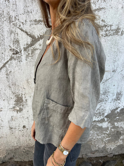Loose Button Up V Neck Top - WOOLX