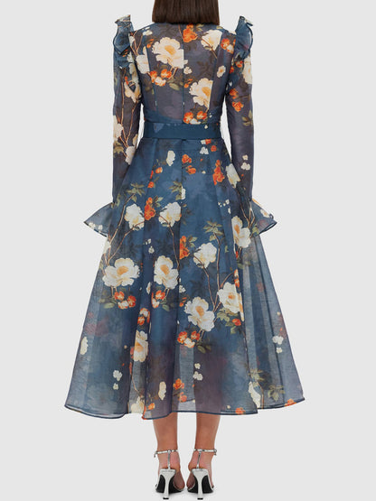 High Collared Neck Printed Ruffled Dress - WOOLX