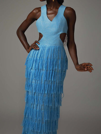 Elegant Cutout Tassels Hem Dress - WOOLX