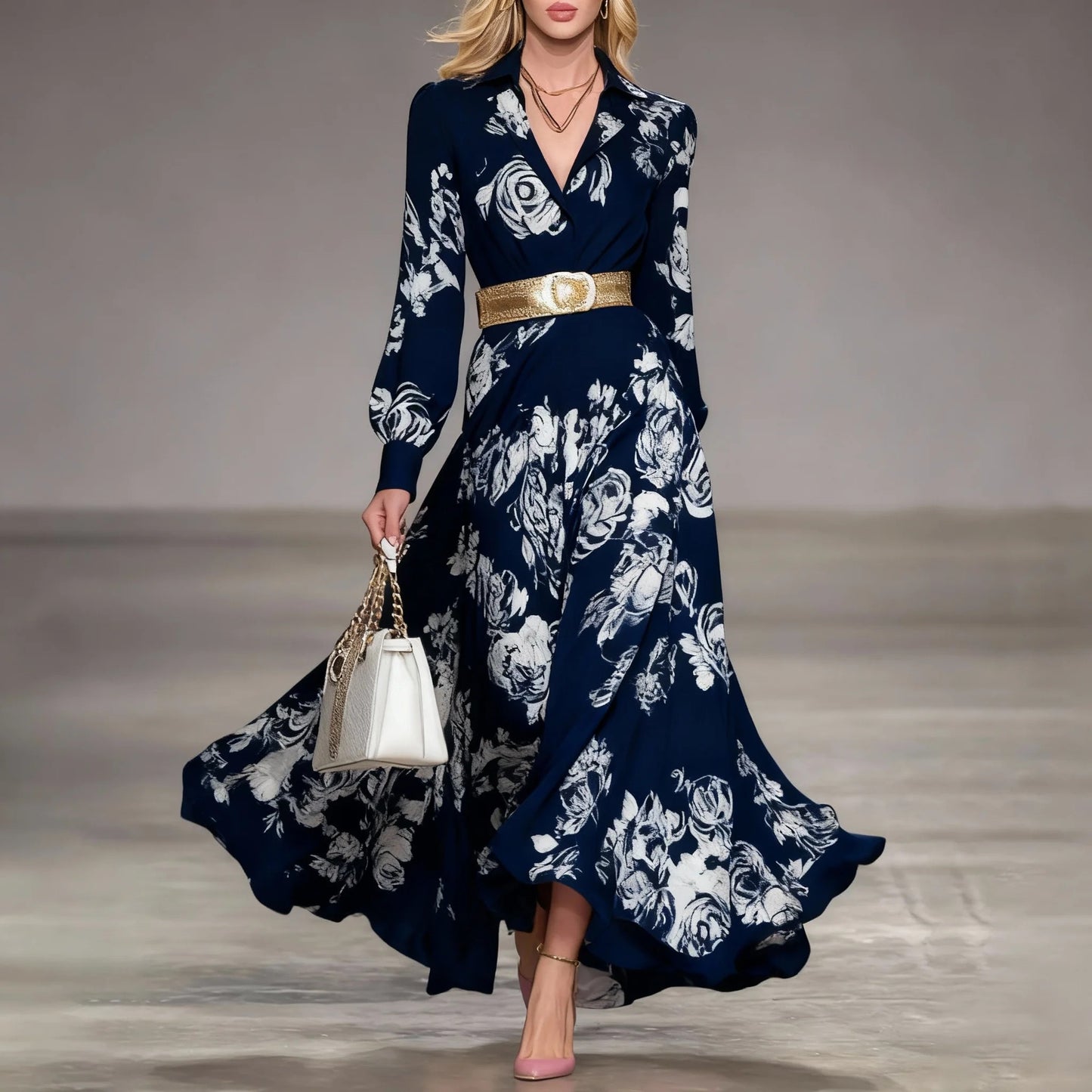 Romantic Floral Print Collar Maxi Dress