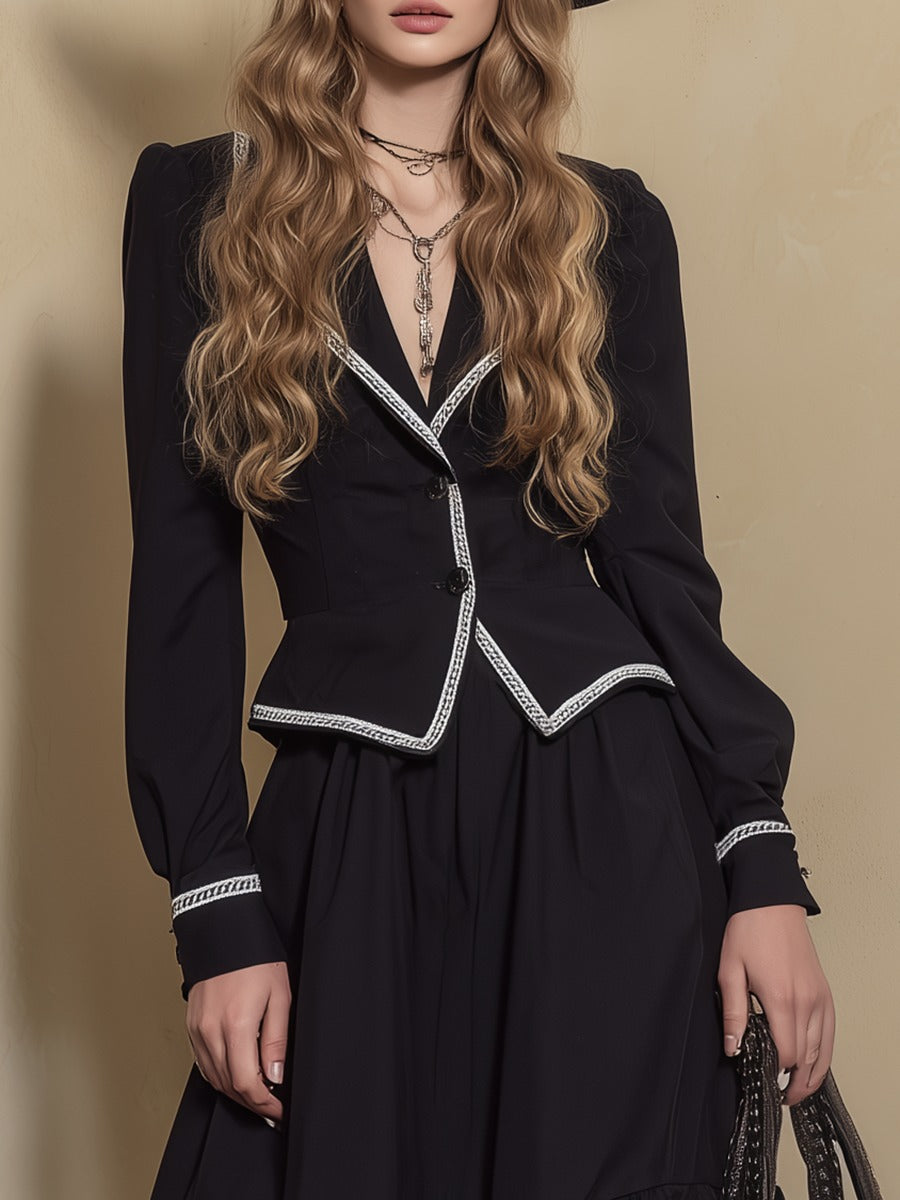 Retro Bohemian White Ribbon Short Jacket And Ruffled Skirt Set