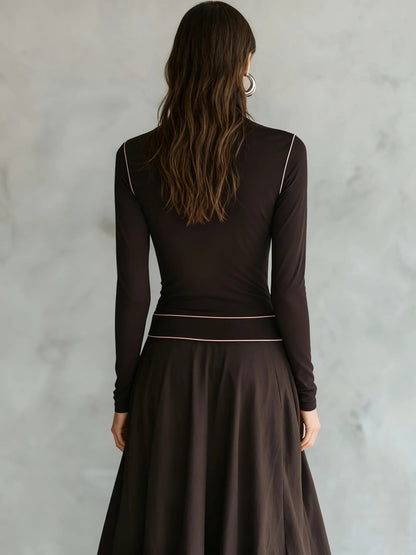 Retro Elegant Versatile High-necked Pink Trim Dark Brown Stretch Cotton Maxi Dress