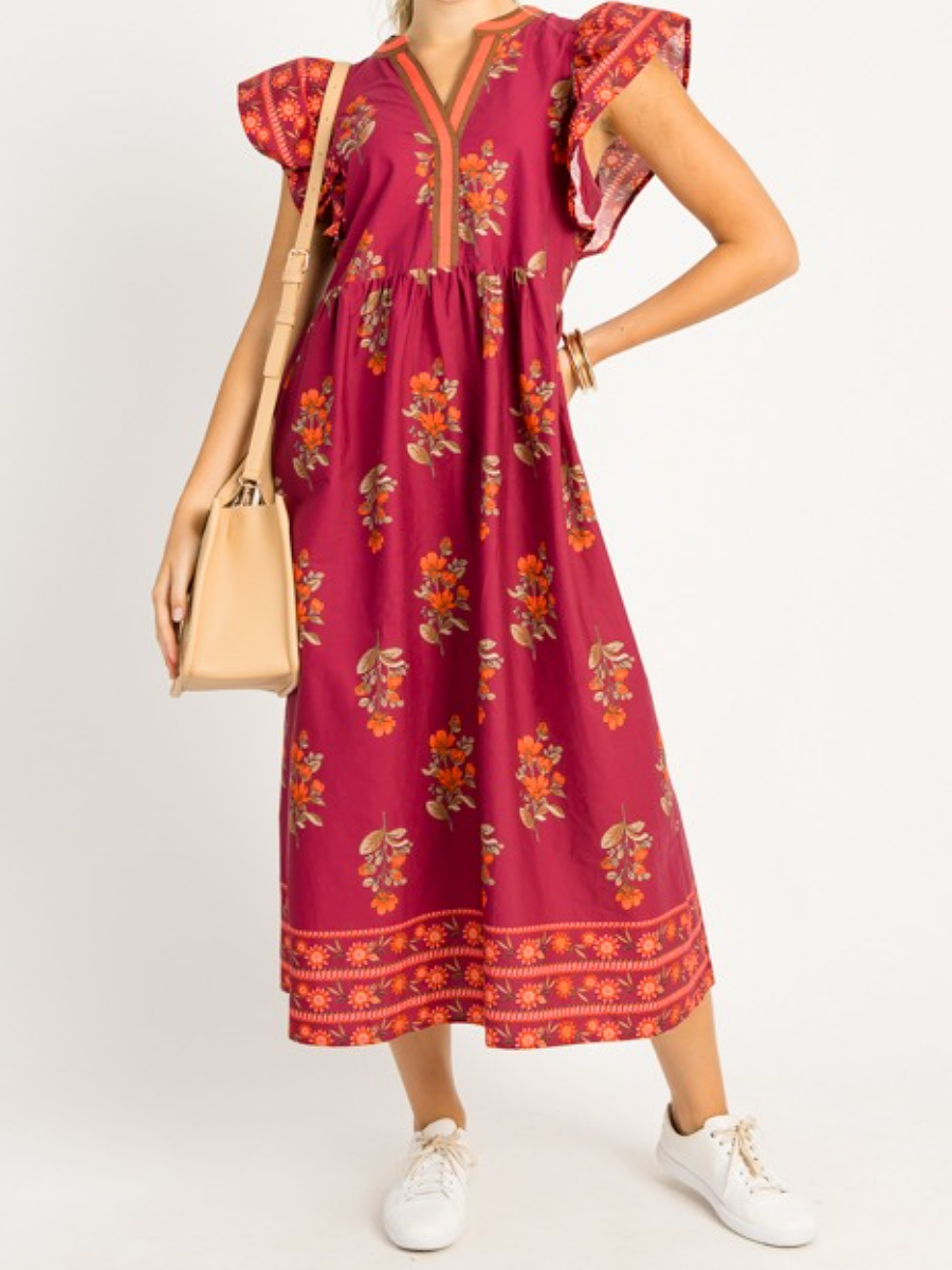 V-Neck Printed Dress - WOOLX