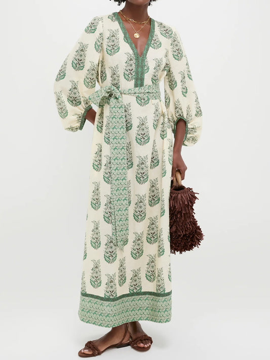 Printed V Neck Balloon Sleeves Dress - WOOLX