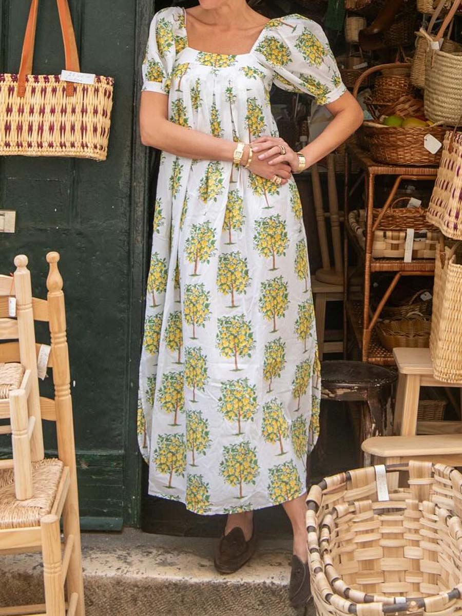 Floral Print Square Collar Loose Dress - WOOLX