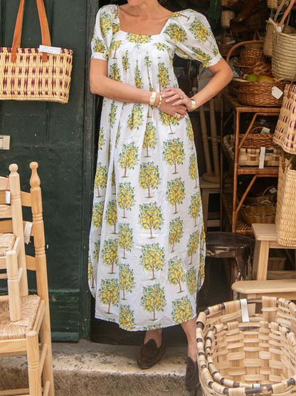 Floral Print Square Collar Loose Dress - WOOLX