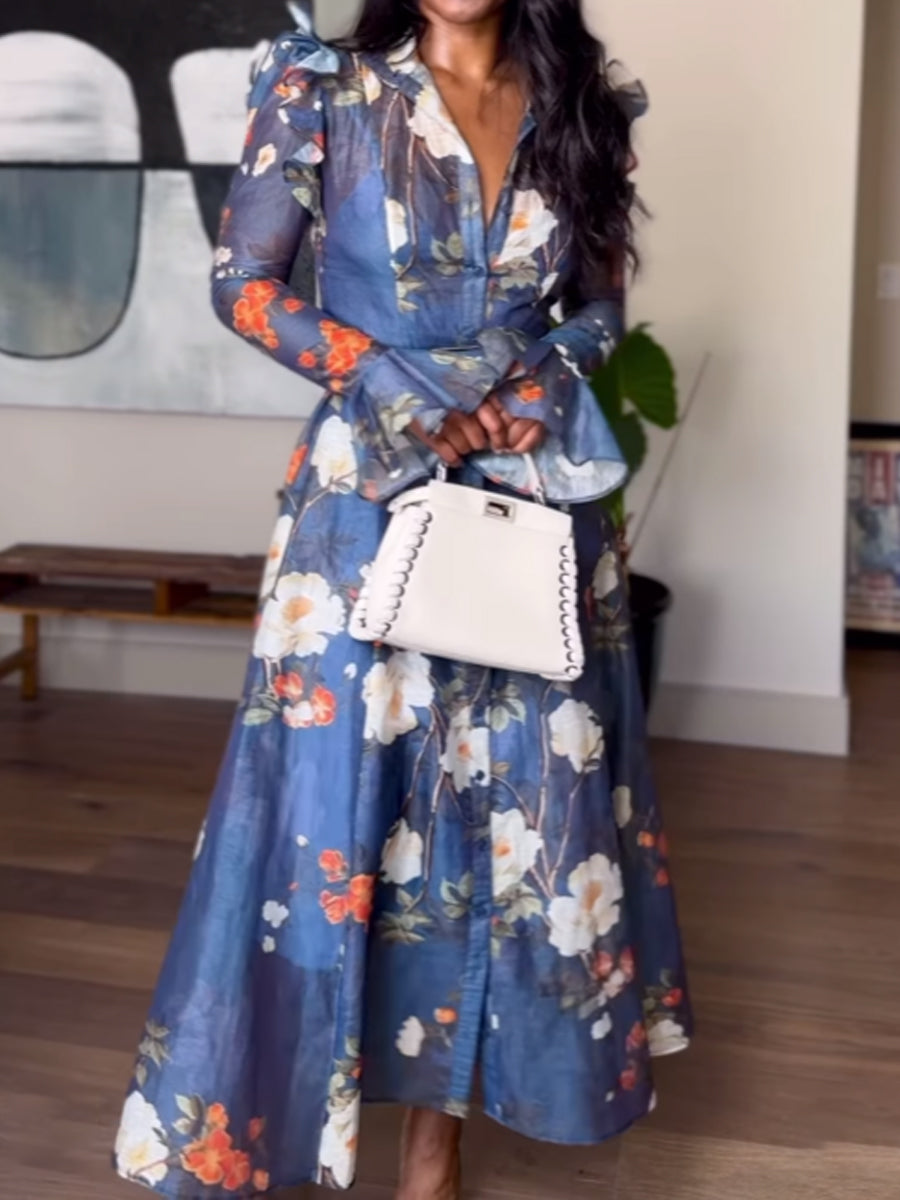 High Collared Neck Printed Ruffled Dress - WOOLX