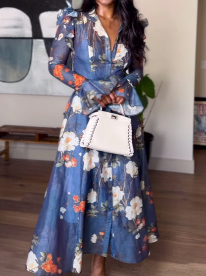 High Collared Neck Printed Ruffled Dress - WOOLX