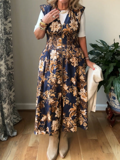 Printed V Neck Zip-Front Midi Dress - WOOLX