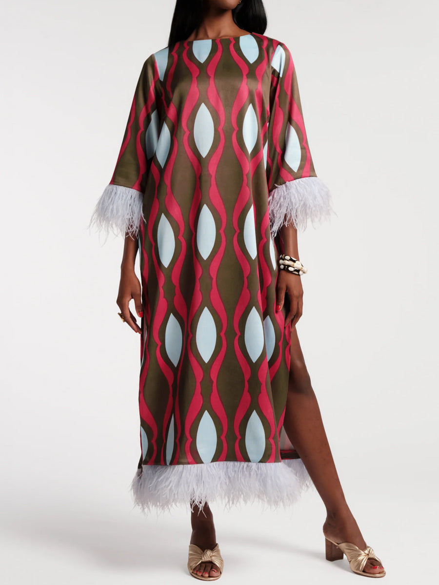 Geometric Print Faux-feather Cuff Maxi Dress - WOOLX