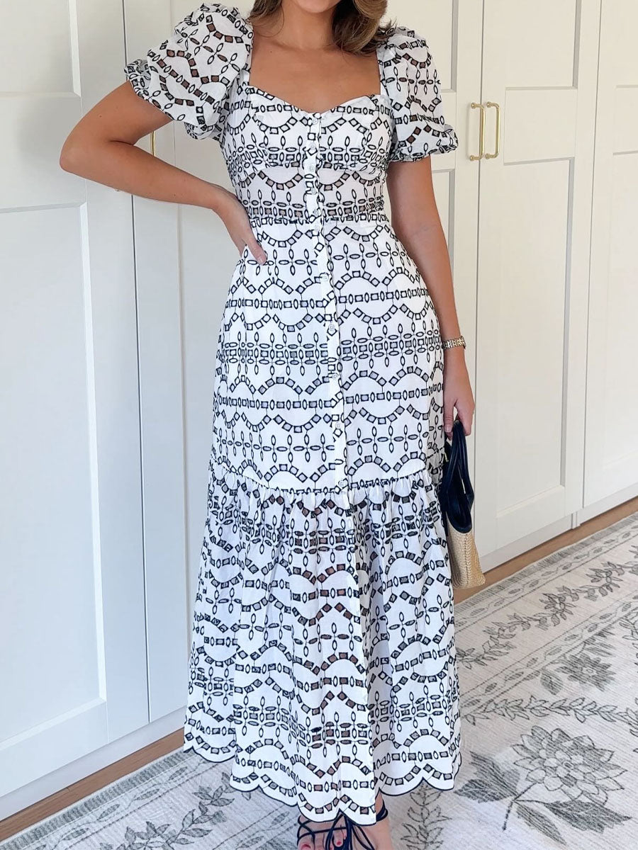 Eyelet Puff Sleeve Button Front Tiered Maxi Dress - WOOLX