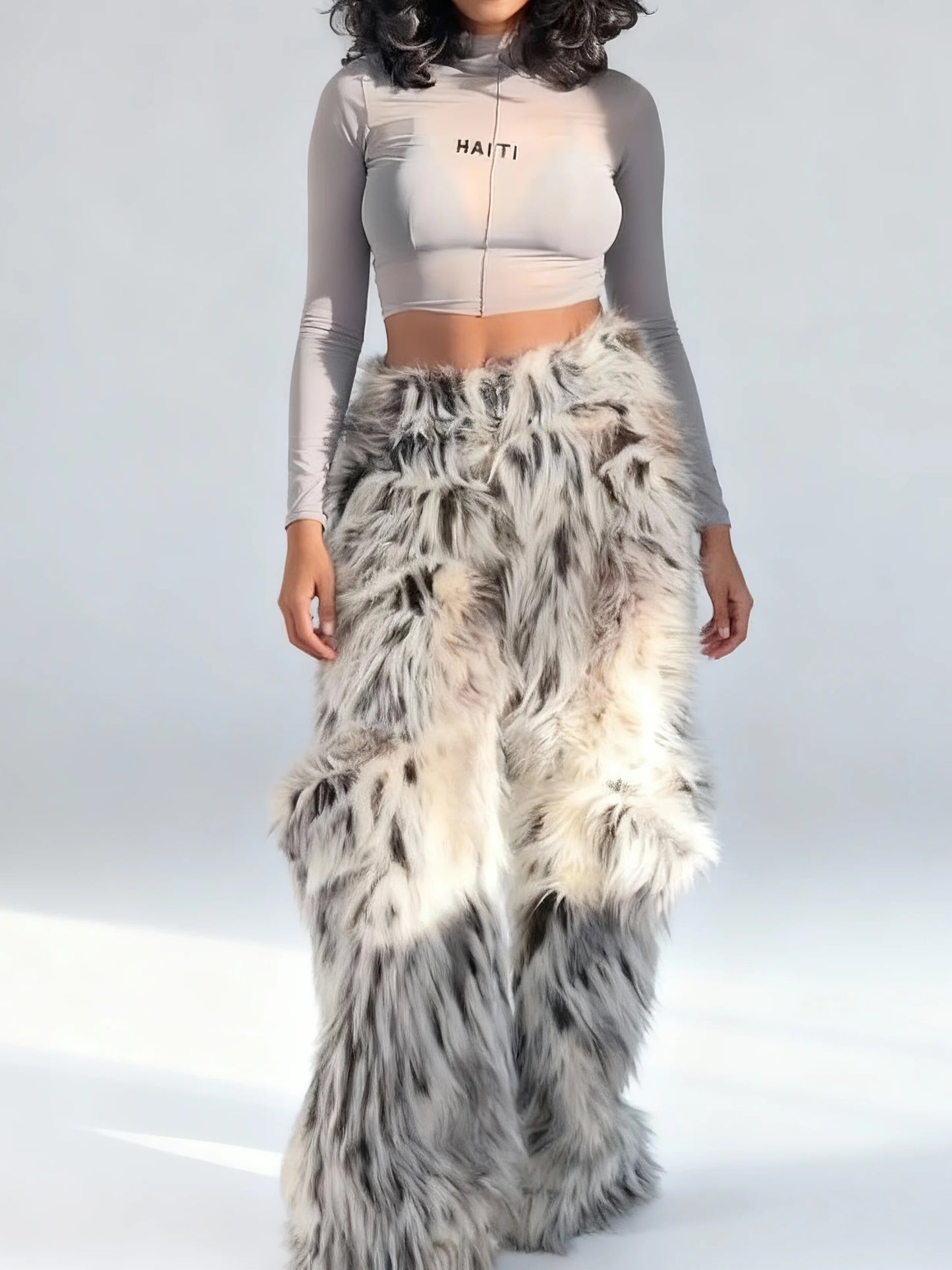 Gray Sheer Crop Top & Faux Fur Wide-Leg Pants Set