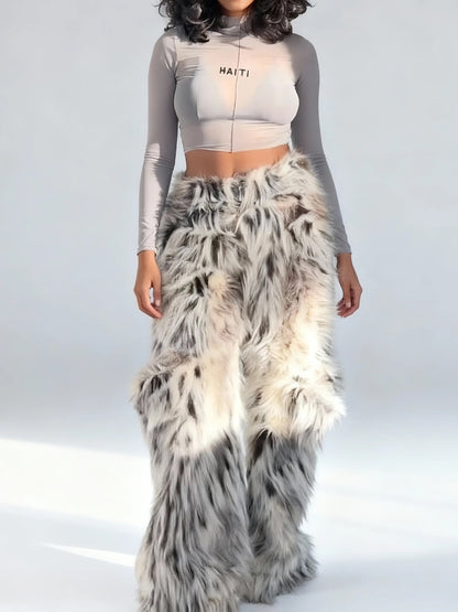 Gray Sheer Crop Top & Faux Fur Wide-Leg Pants Set