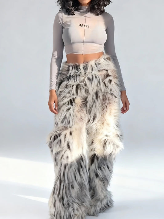 Gray Sheer Crop Top & Faux Fur Wide-Leg Pants Set