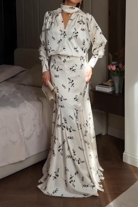 Elegant White Floral Print High Neck Maxi Dress - WOOLX