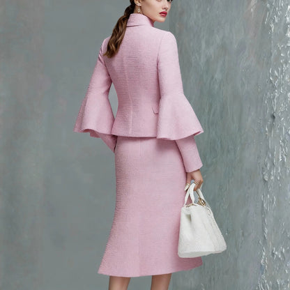 Elegant Neckline Bow Tie Trumpet Sleeve Jacket Skirt Tweed Set