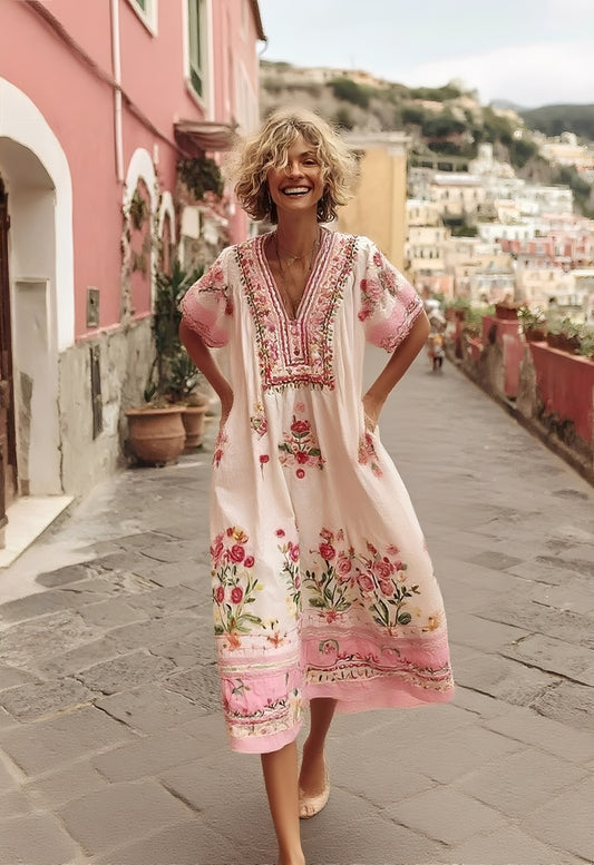 Sweet Short Sleeve Pink Midi Dress