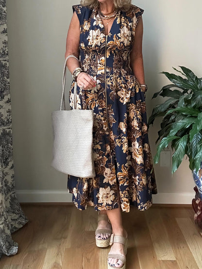 Printed V Neck Zip-Front Midi Dress - WOOLX