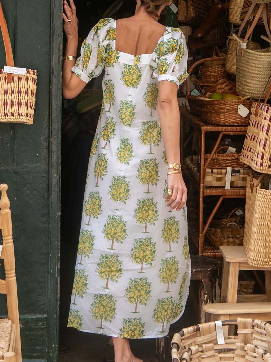 Floral Print Square Collar Loose Dress - WOOLX