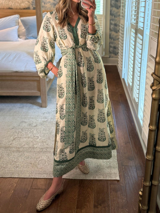 Printed V Neck Balloon Sleeves Dress - WOOLX