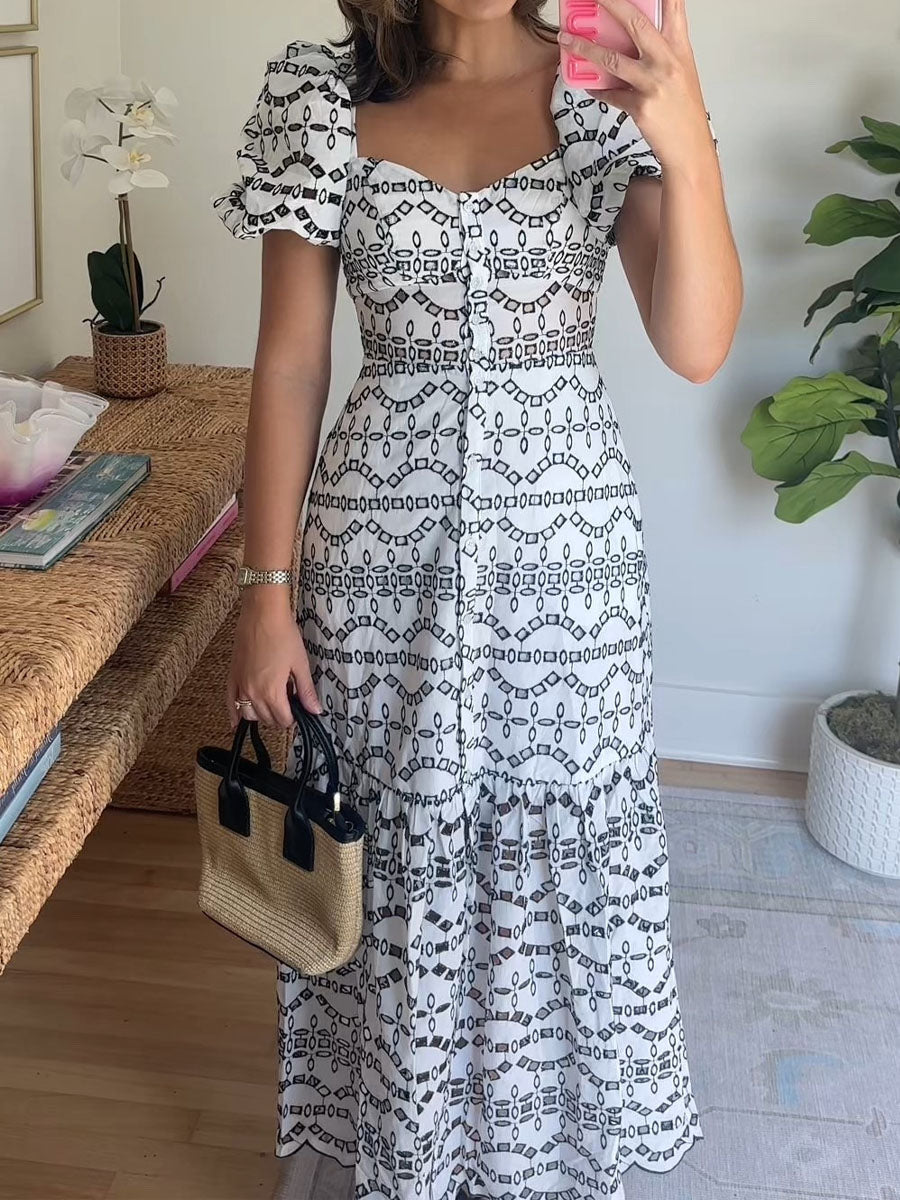 Eyelet Puff Sleeve Button Front Tiered Maxi Dress - WOOLX