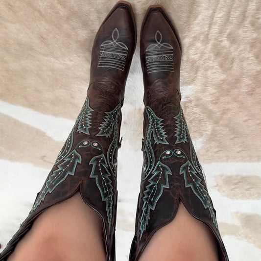 Embroidered Point-Toe Tall Knights Boots - WOOLX