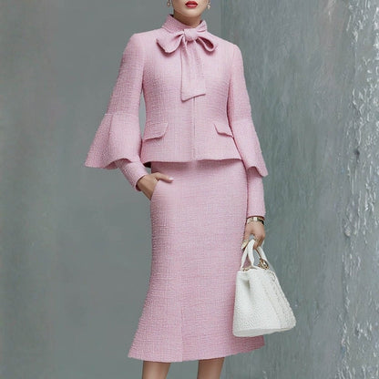 Elegant Neckline Bow Tie Trumpet Sleeve Jacket Skirt Tweed Set