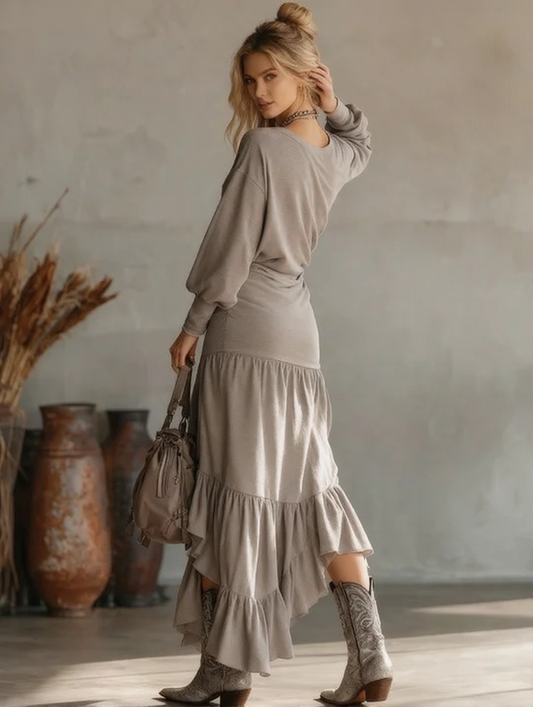 Retro Sporty Grey Cotton Sweatshirt With Ruffled Maxi Dress