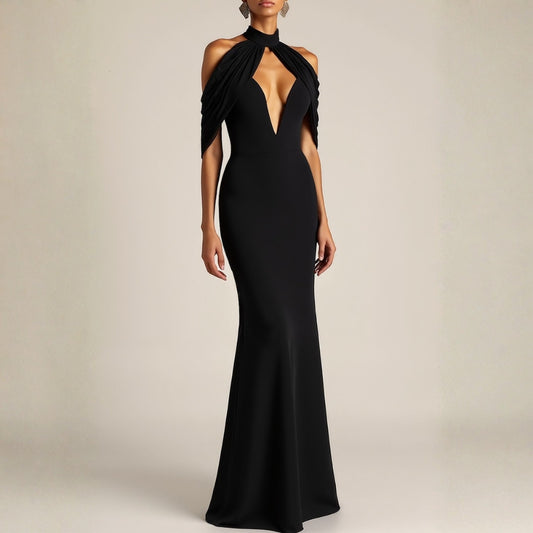 Formal Evening Dress Black Halter Cold Shoulder Maxi Dress
