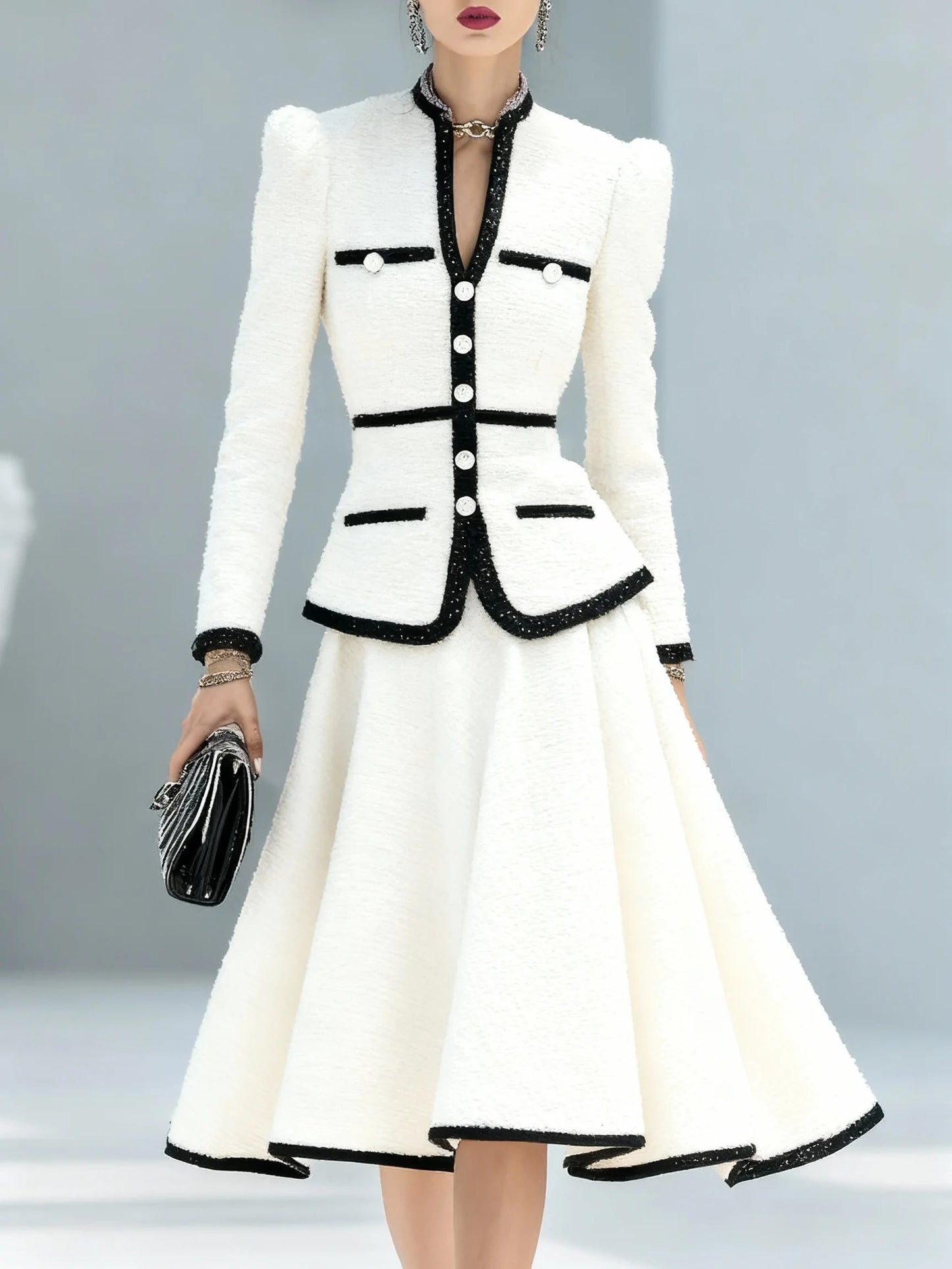 Elegant Contrasting Color Tweed Two-piece Set