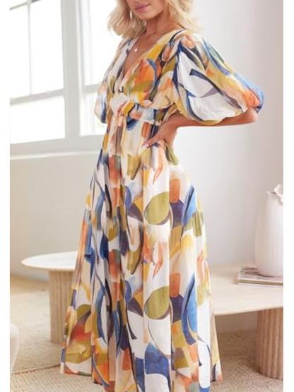 Bohemian Deep V-Print Maxi Dress - WOOLX