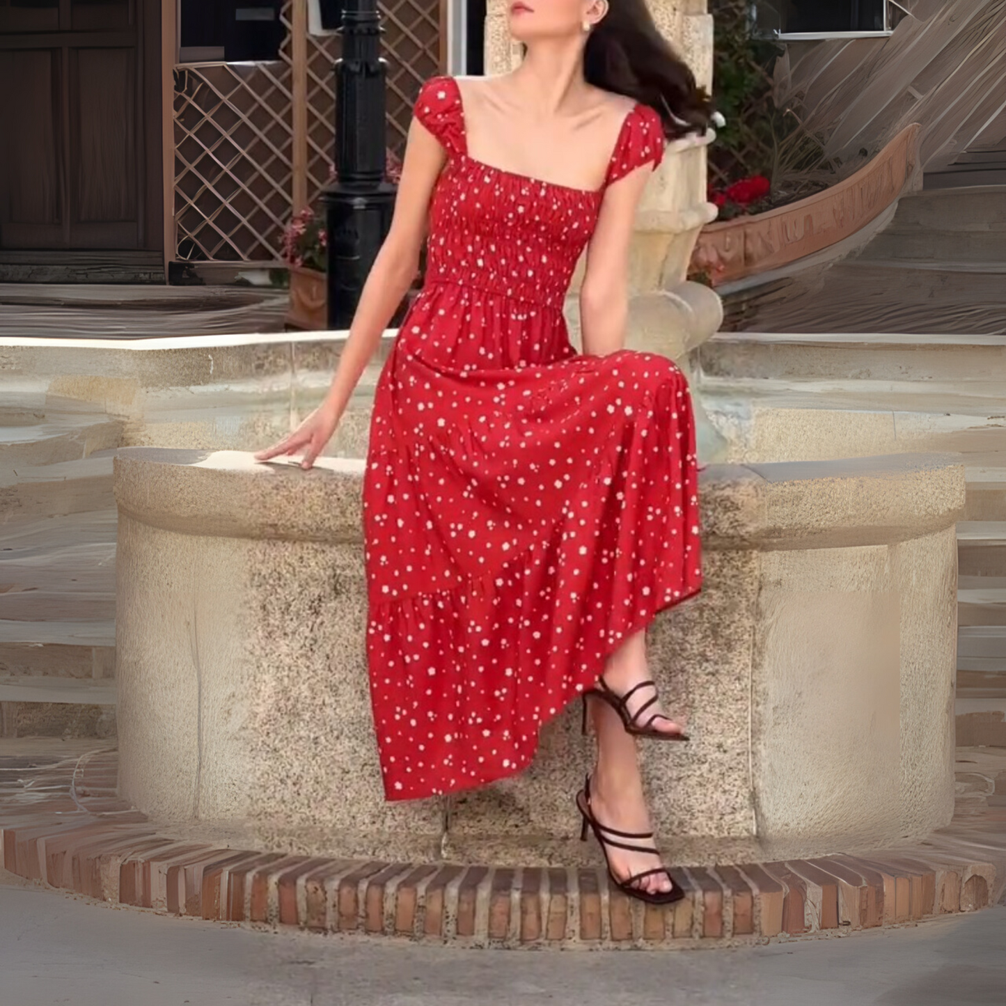 Charming Red Maxi Dress With White Floral Print - WOOLX