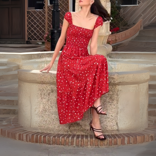 Charming Red Maxi Dress With White Floral Print - WOOLX