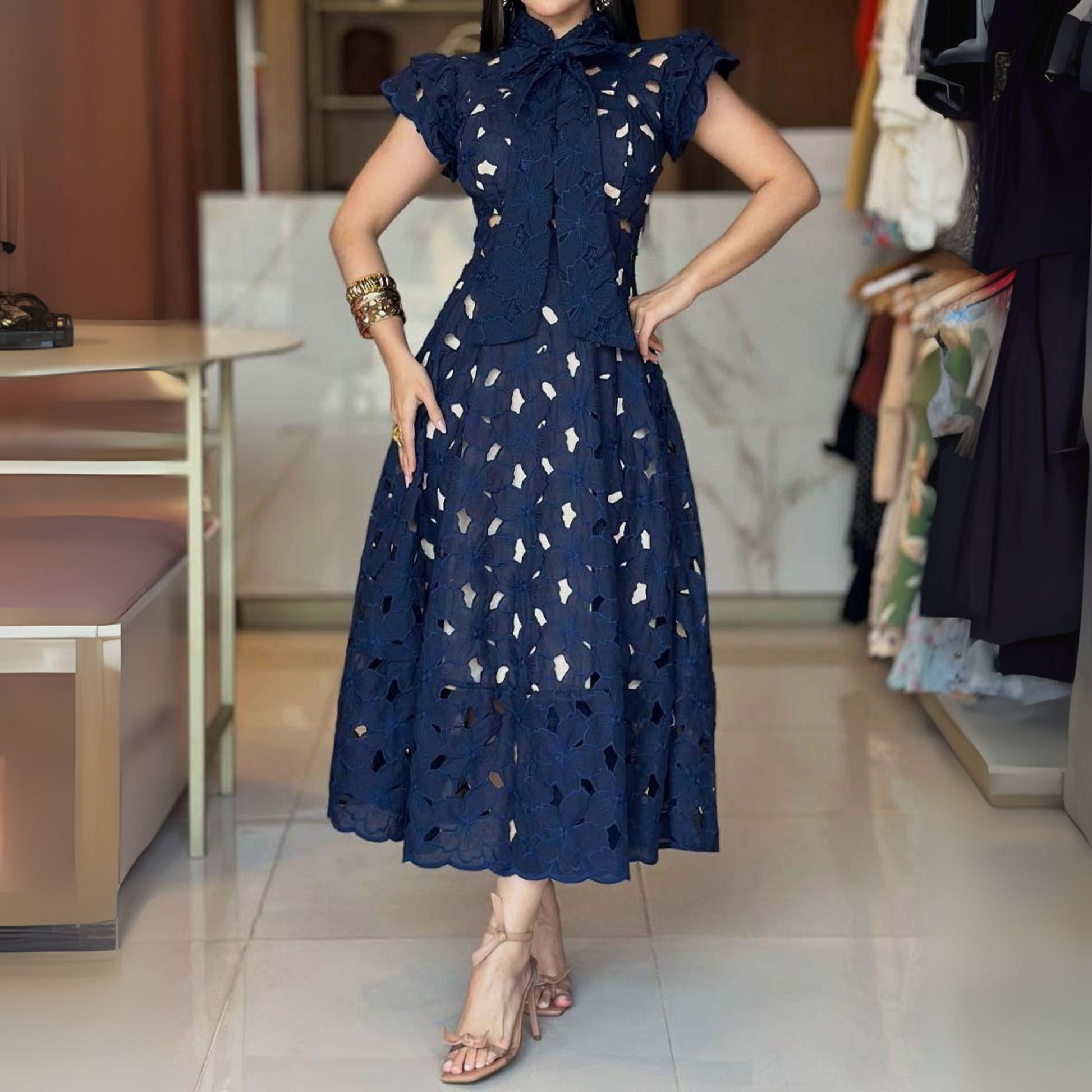 Cutout Lace Bow Elegant Dress - WOOLX