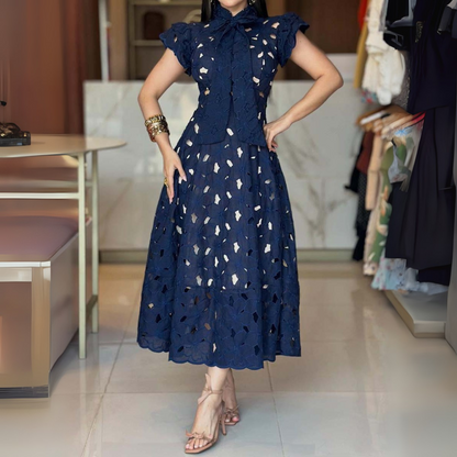 Cutout Lace Bow Elegant Dress - WOOLX