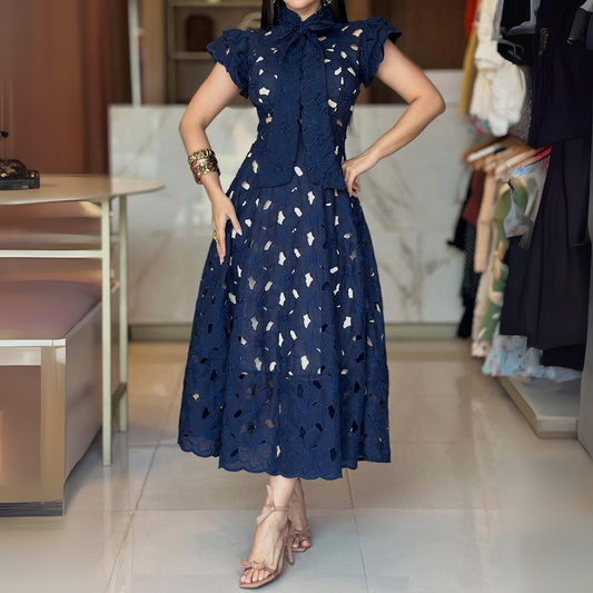 Cutout Lace Bow Elegant Dress - WOOLX