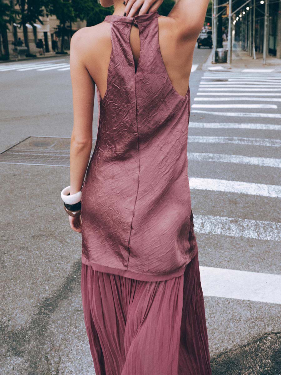 Elegant Sleeveless Patchwork Pleated Hem Dress - WOOLX