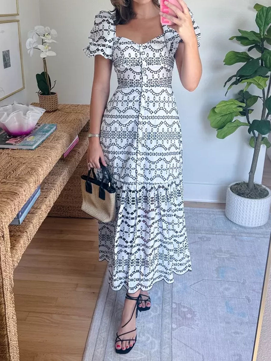 Eyelet Puff Sleeve Button Front Tiered Maxi Dress - WOOLX