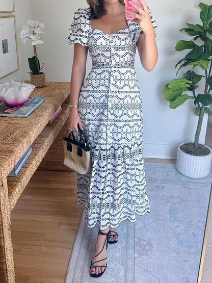 Eyelet Puff Sleeve Button Front Tiered Maxi Dress - WOOLX